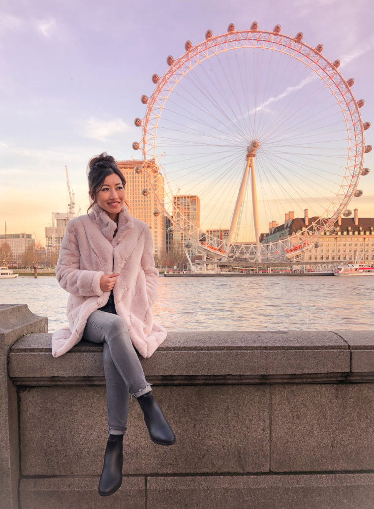 london eye sunset winter travel outfit shoes for Europe