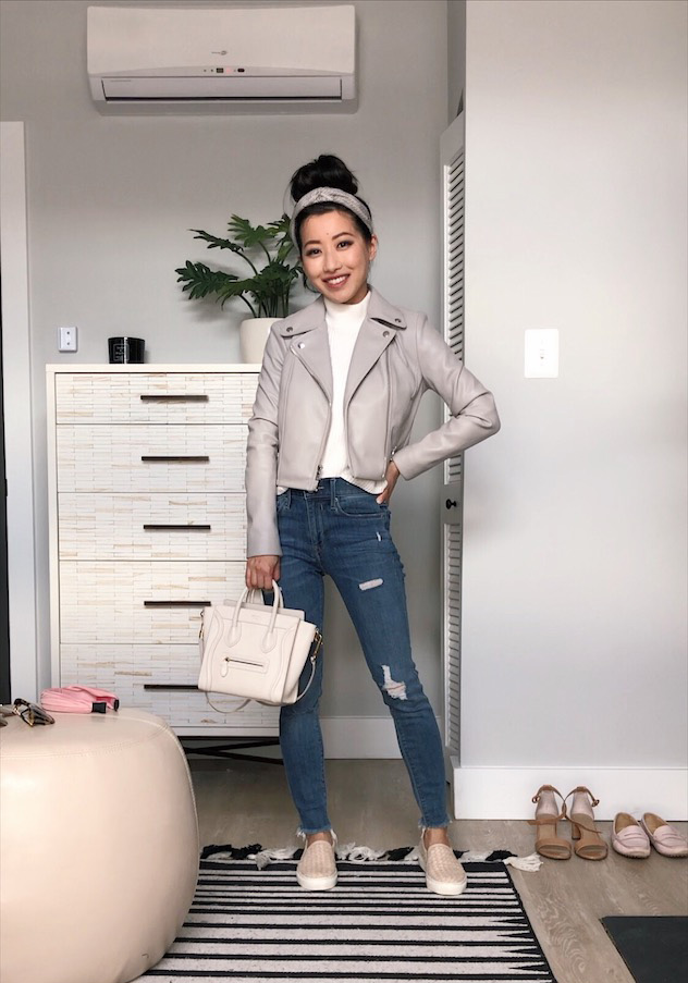 petite gray moto leather jacket outfits