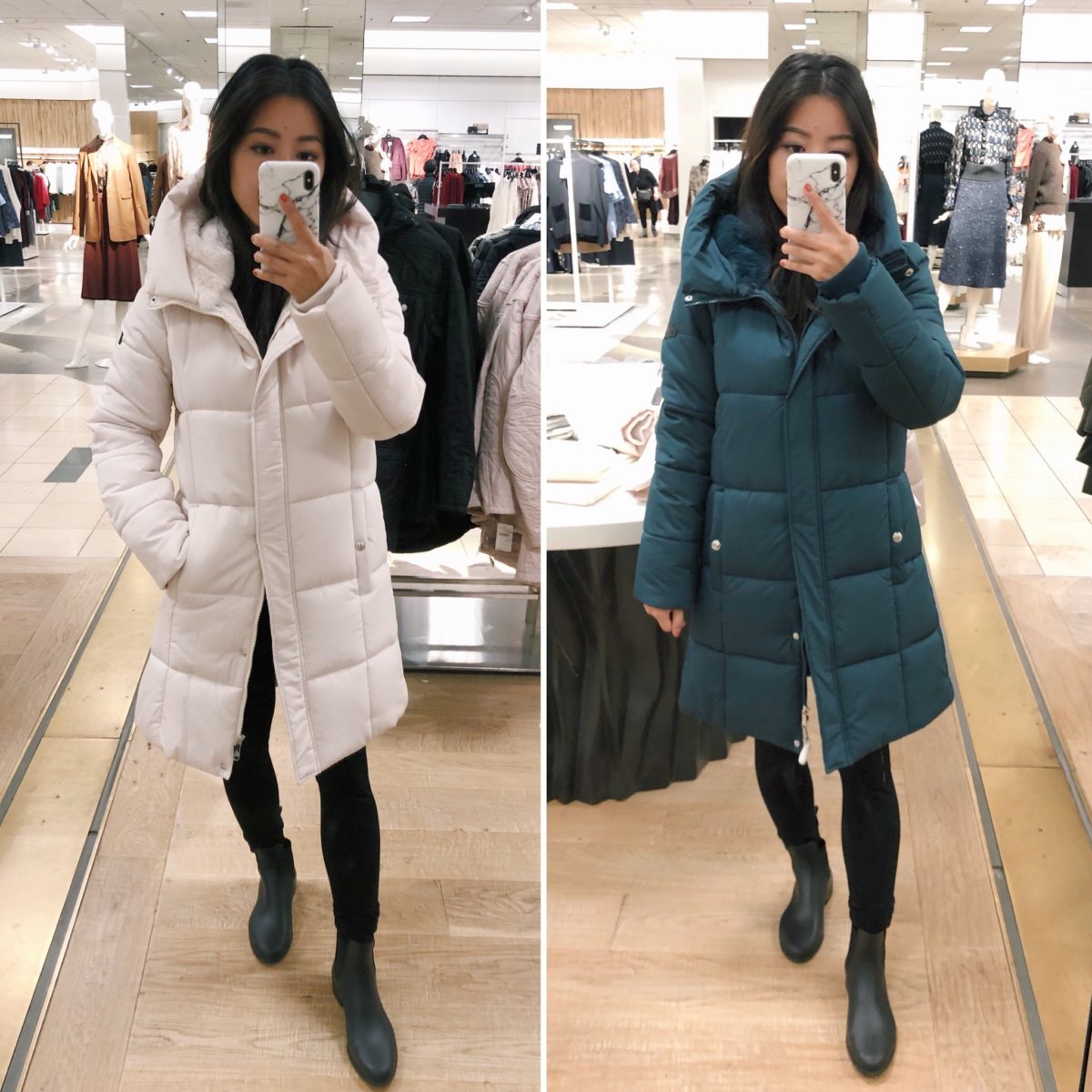petite white and green winter puffer coat on a budget