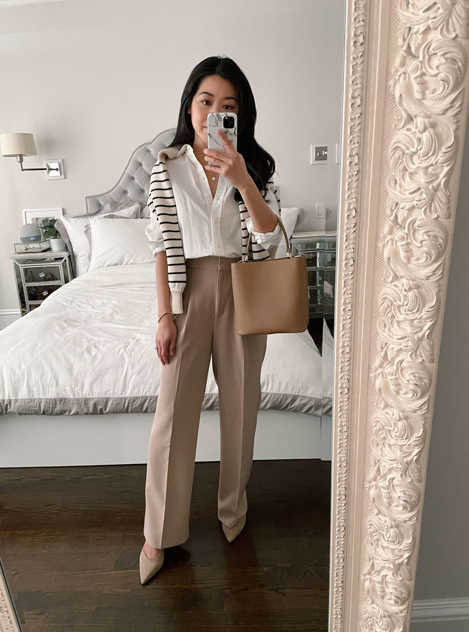 classic white shirt tan pants work outfit