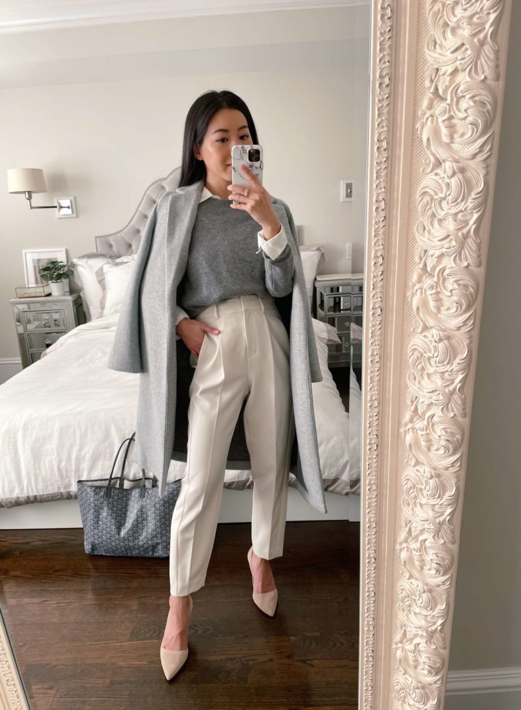 quince cashmere white pants petite work outfit
