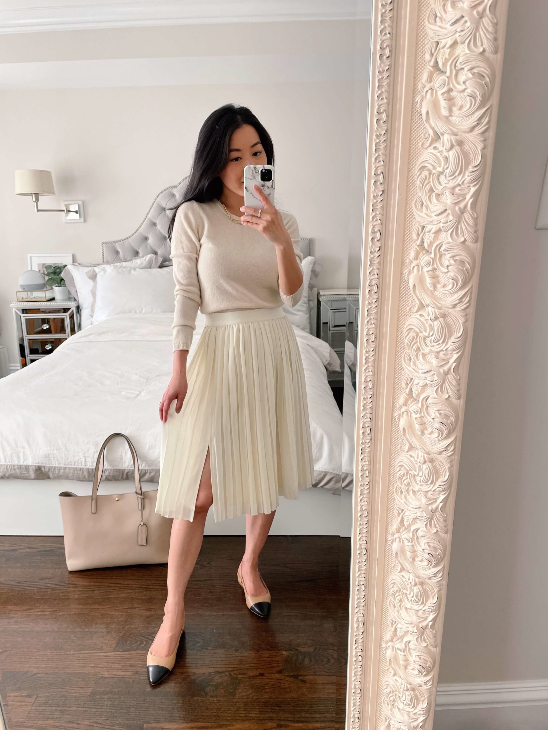 petite white pleated skirt work outfit