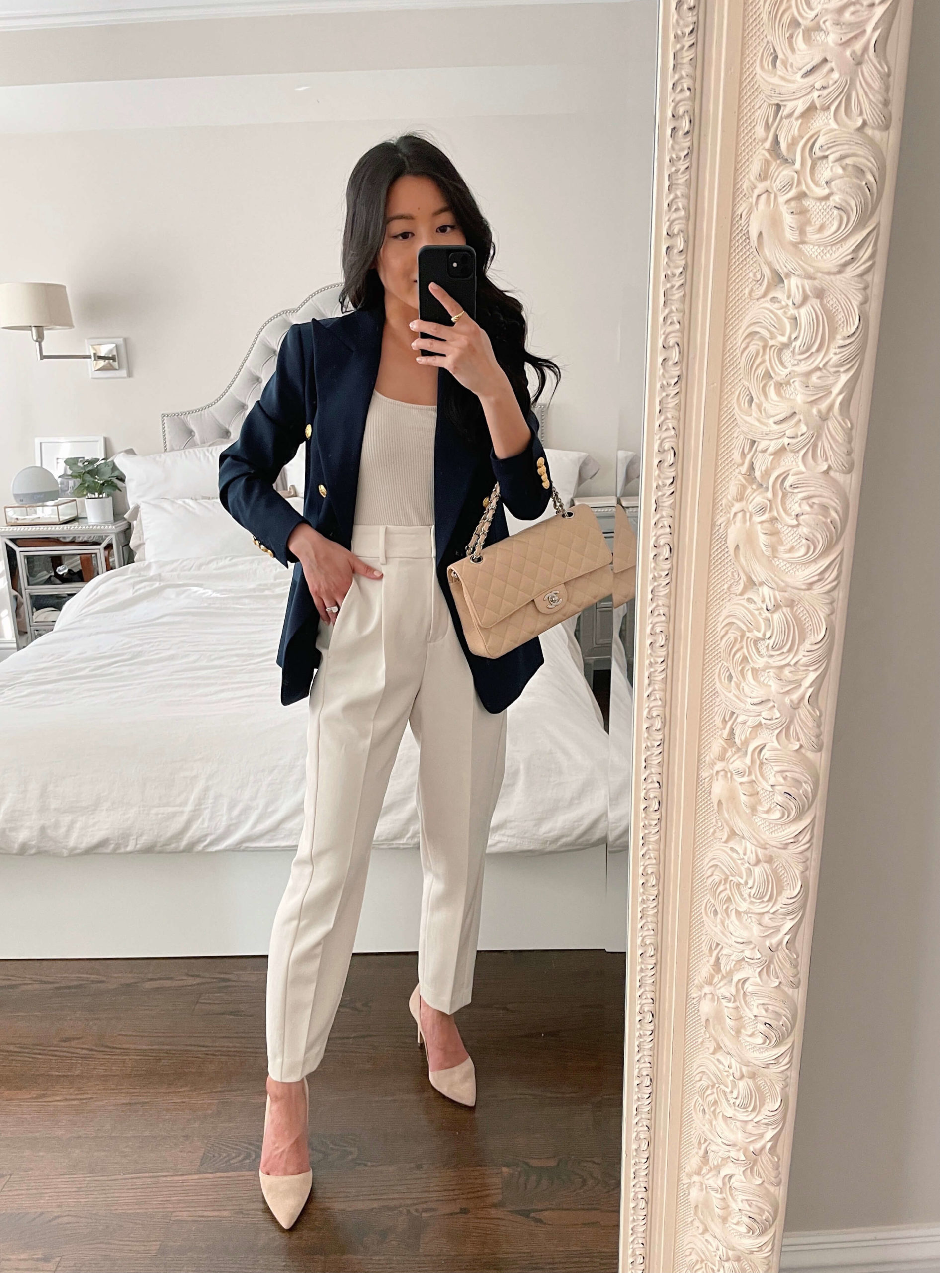 petite navy blazer white pants summer work outfit