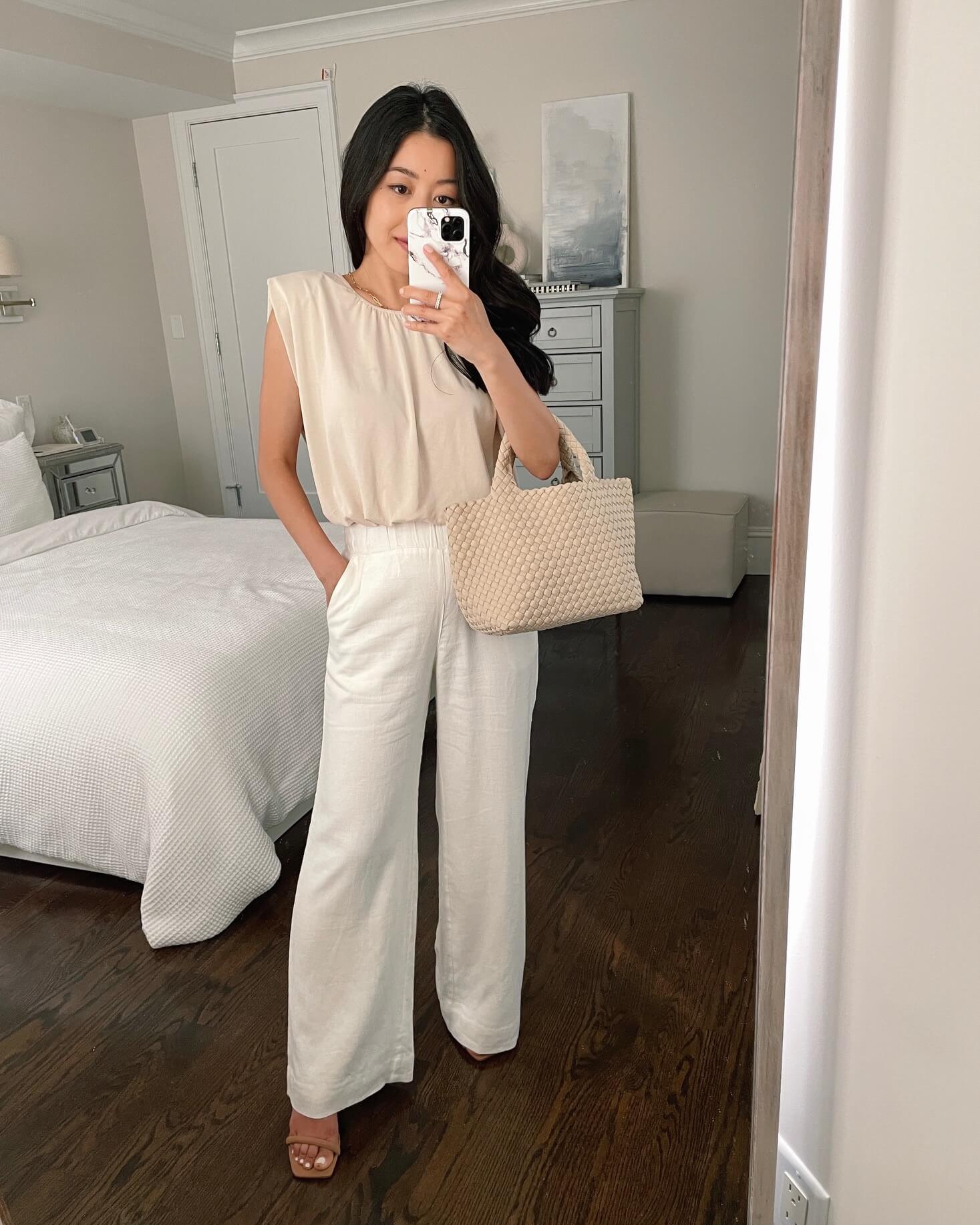 petite summer smart casual outfit with white pants