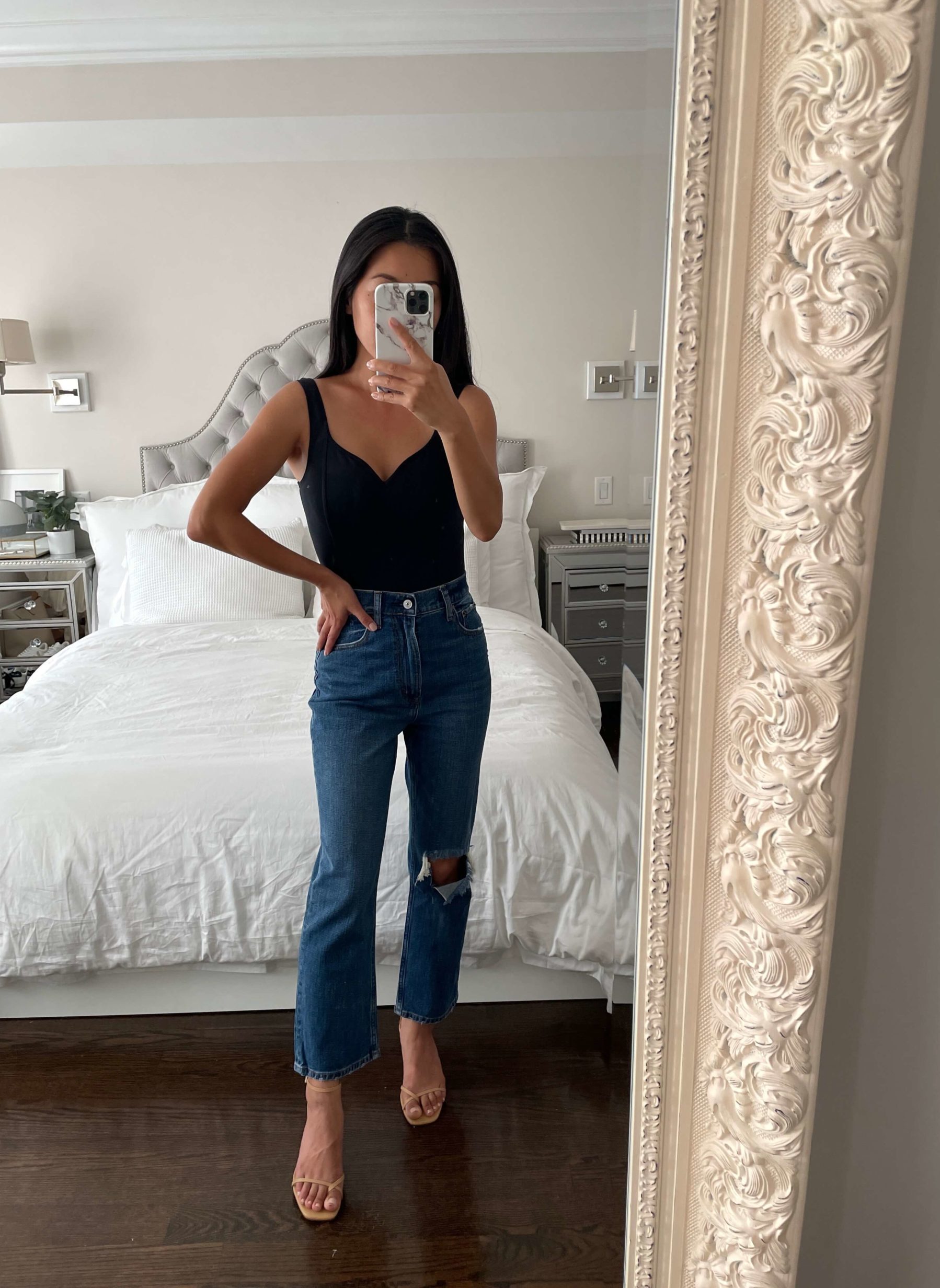 a+f petite friendly body suit and straight jeans