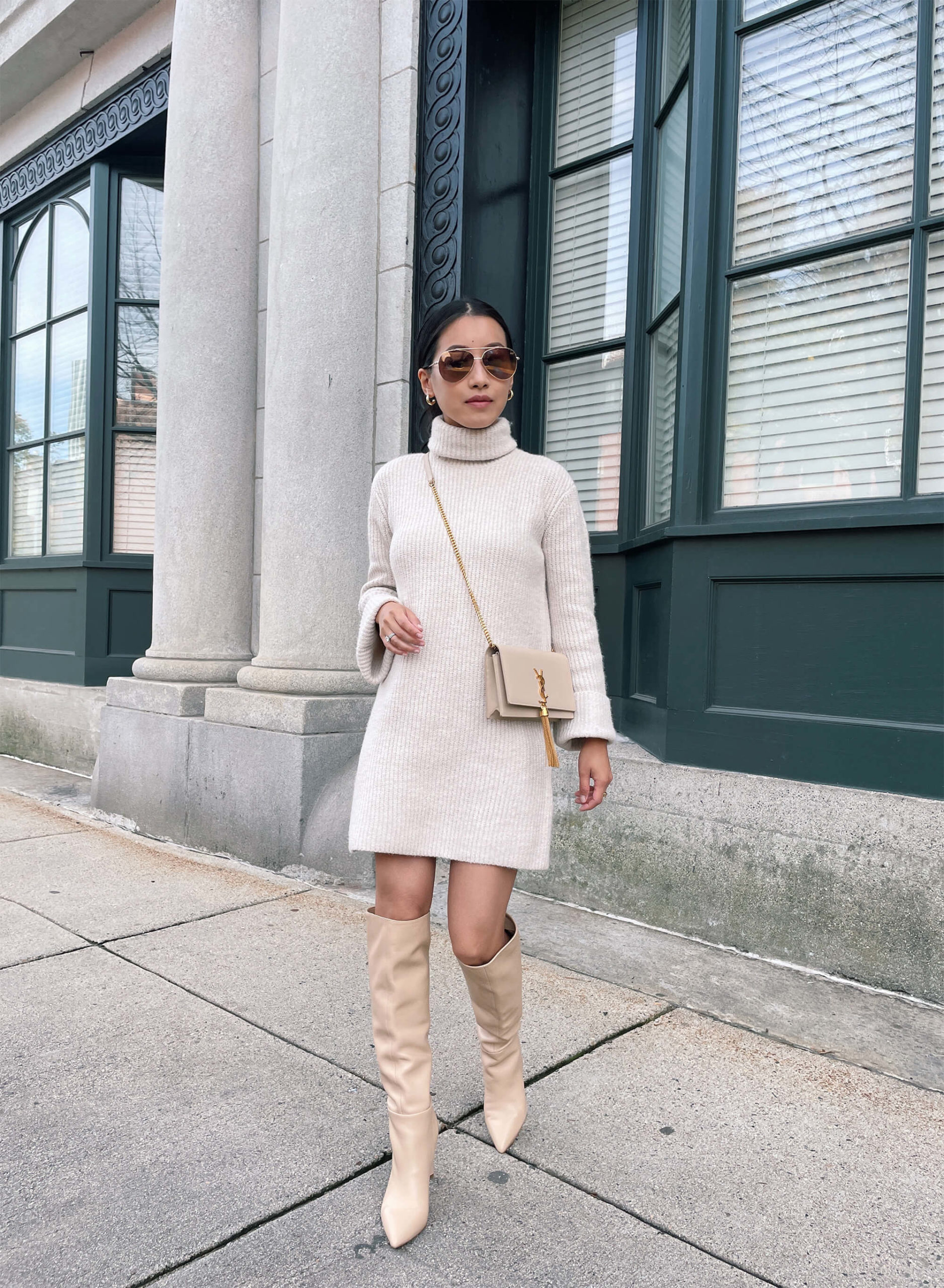 petite sweater dress with tall knee high nine west leather boots