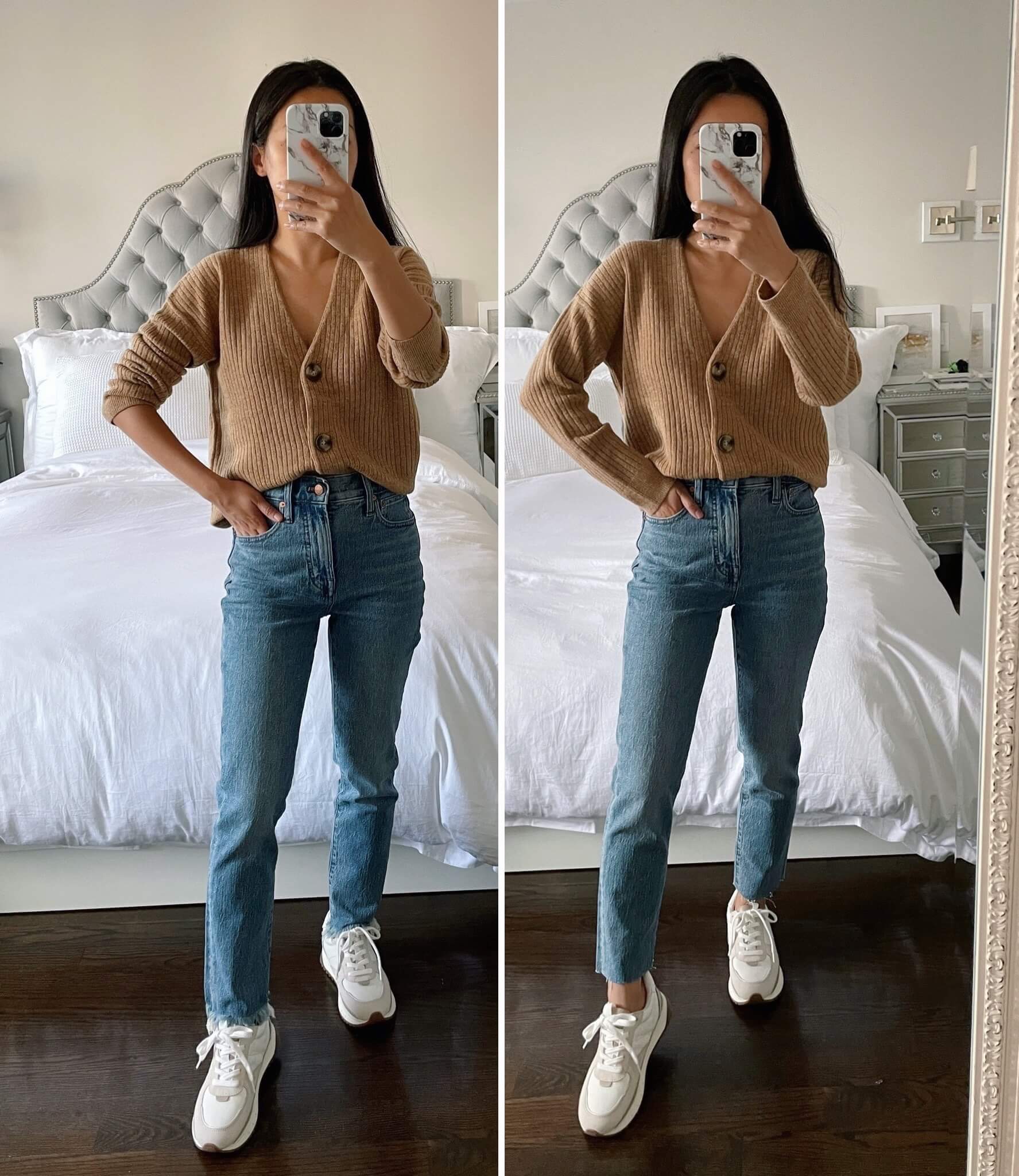madewell camel cardigan petite perfect vintage jeans review