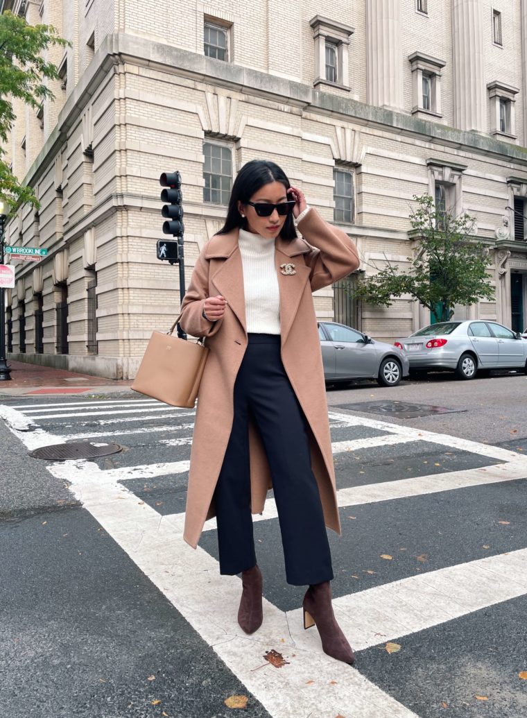 petite work outfit with boots uniqlo camel coat